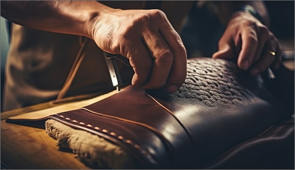 Unas manos trabajando el cuero de forma artesanal