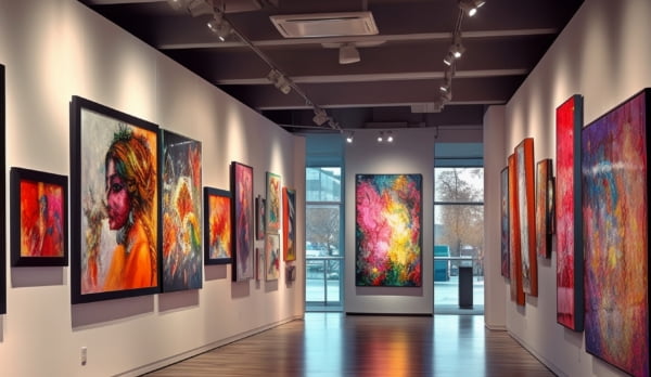 El pasillo de una galería de arte dónde podemos ver cuadros de distintos tamaños expuestos