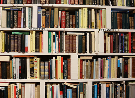 Vista frontal de una estantería repleta de libros