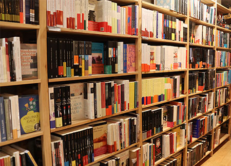 Vista de varias estanterías alineadas contra una pared repletas de libros