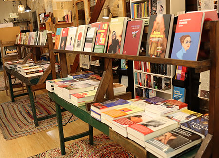 Vista del interior de la librería, dónde podemos ver varios libros presentados en dos expositores a dos niveles