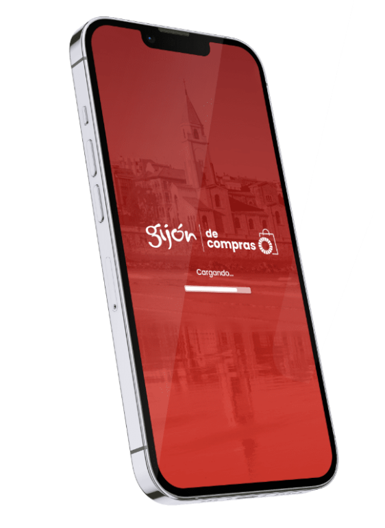 Teléfono móvil que muestra en la pantalla la aplicación de Gijón Rutas Turísticas
